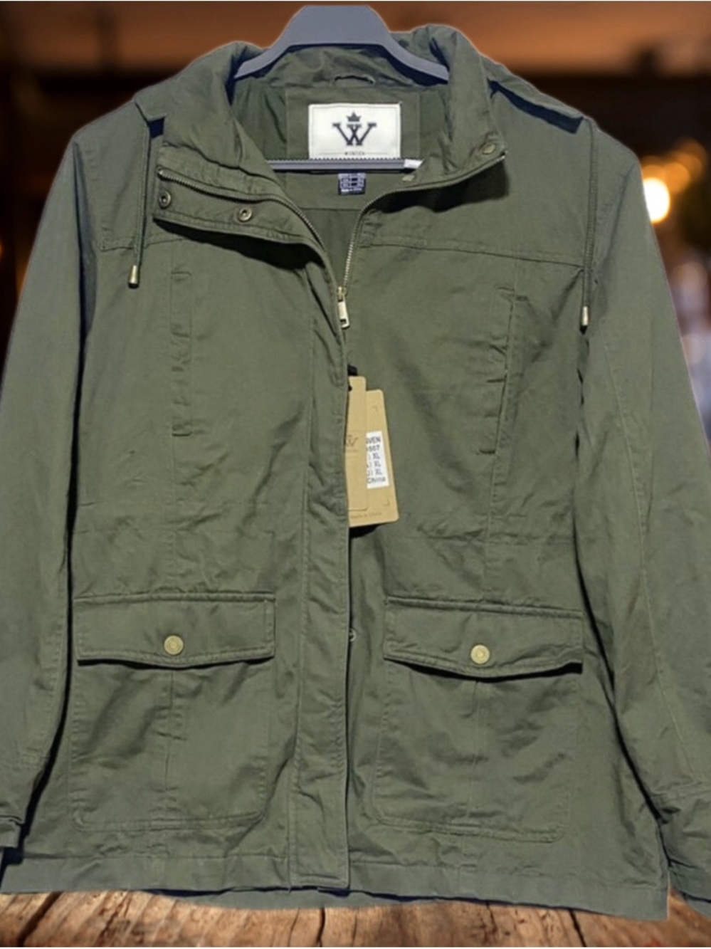 WenVen Dark Olive Field Utility Jacket Cotton Lined Zip & Snap Zip Hood NWT XL
